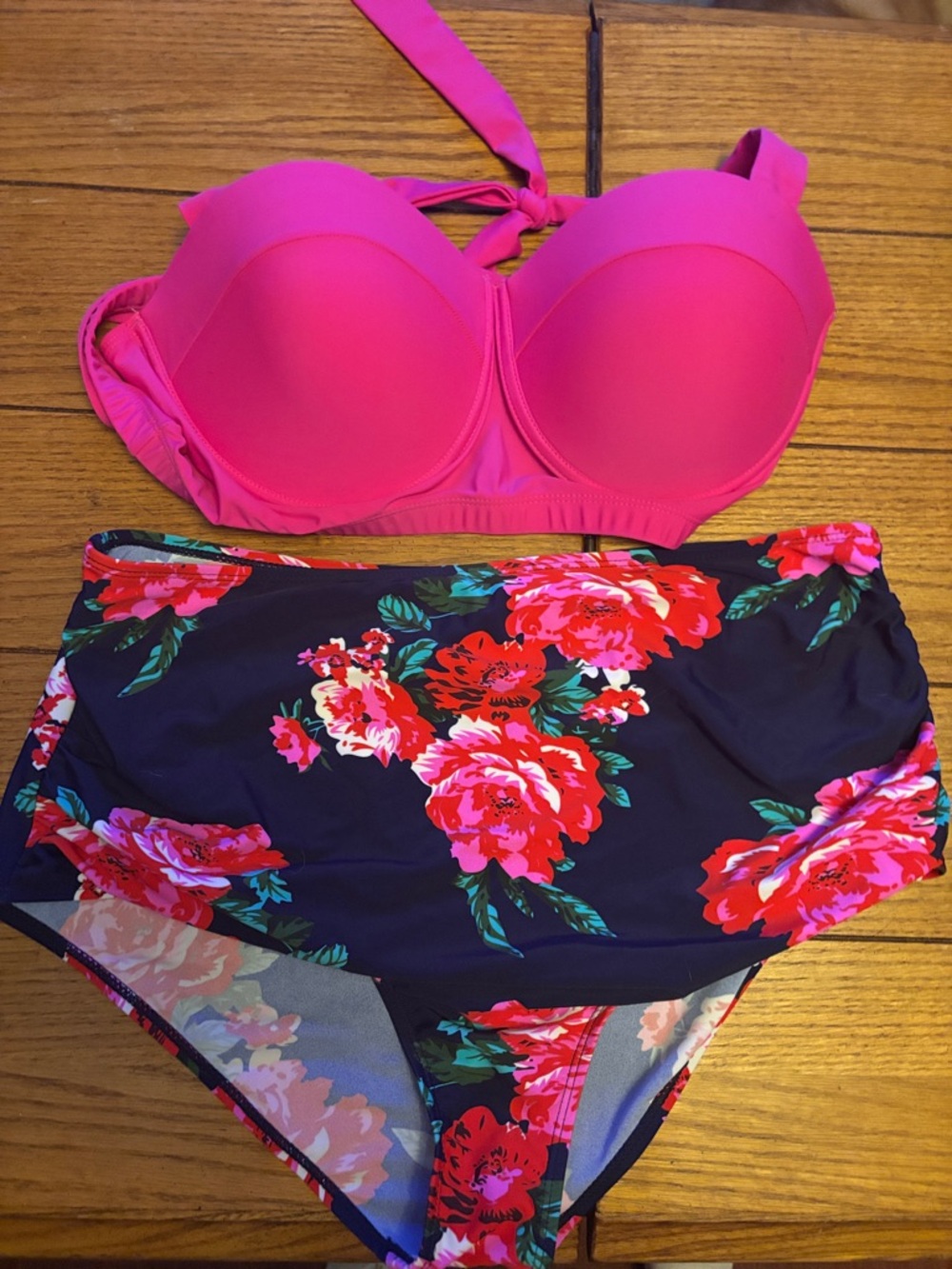 Hot Pink Bandeau Bikini Top with Floral High-Waist Bottoms